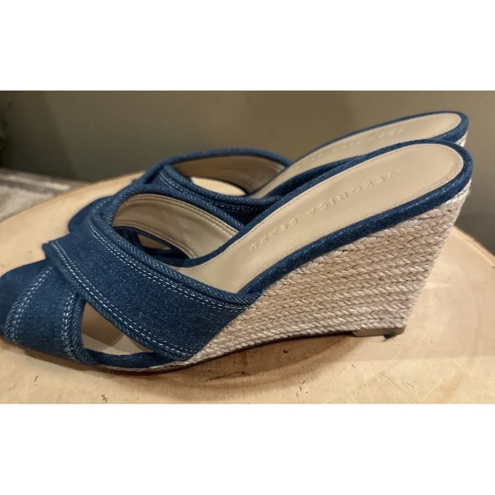 Veronica Beard Edna‎ Denim Wedge Espadrille Open Toe Sandals Size 7.5 New 395$